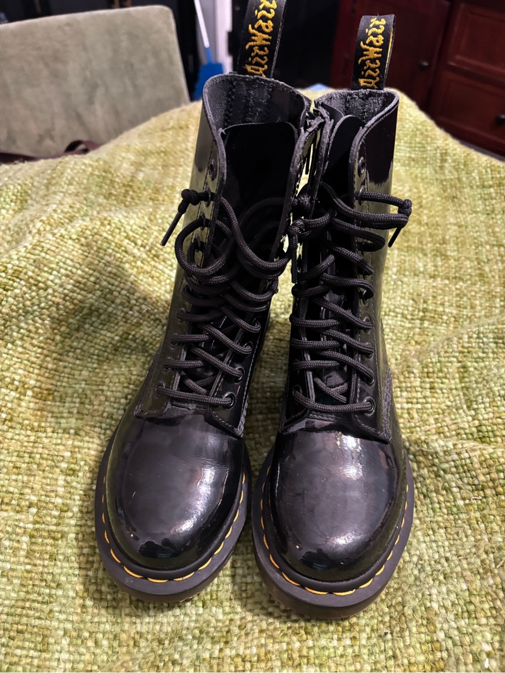 Dr. Martens Black Patent Lace-Up Combat Boots with Yellow Stitching